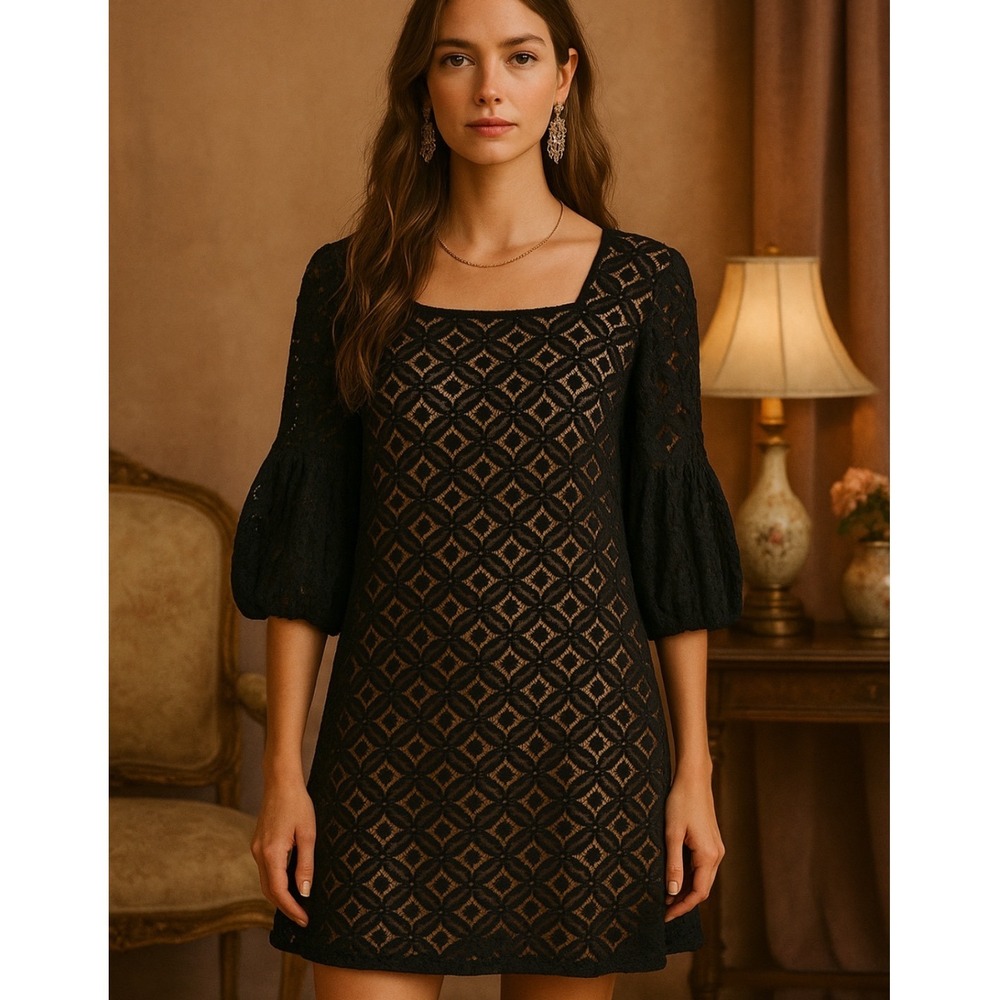 Anna Sui Anthropologie Black Lace Dress Flare‎ Sleeve Womens Sz 12 Bohemian Boho